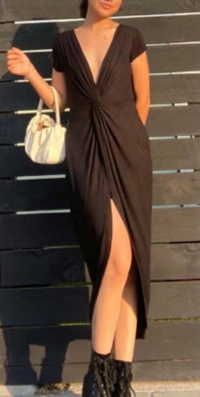 Rolla Coster Black Slit Maxi Knot Plunge V Neck Dress Large Party Event Goth